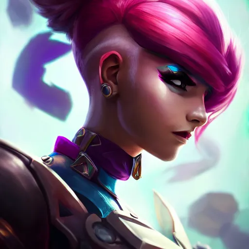 Image similar to portrait of Vi from League of Legends, by Fortiche Studio, by Riot Games, from Netflix's Arcane, trending on artstation,fine details, realistic shaded, fine-face, painted texture, pretty face