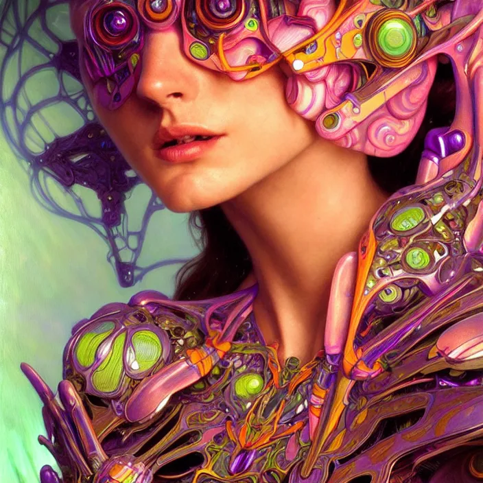 Image similar to bright psychedelic organic cyborg, 4th dimensional creature, diffuse lighting, fantasy, intricate, elegant, highly detailed, lifelike, photorealistic, digital painting, artstation, illustration, concept art, smooth, sharp focus, art by John Collier and Albert Aublet and Krenz Cushart and Artem Demura and Alphonse Mucha
