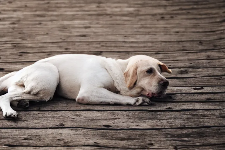 Prompt: old dog lying on a wooden dusty boardwalk