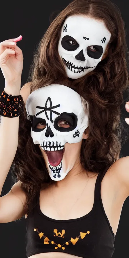 Prompt: photorealistic illustration girl smiling dressed in skull and crossbones halloween costume