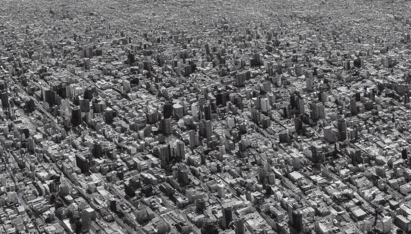 Image similar to Giant Gigachad destroying a city, drone footage black and white