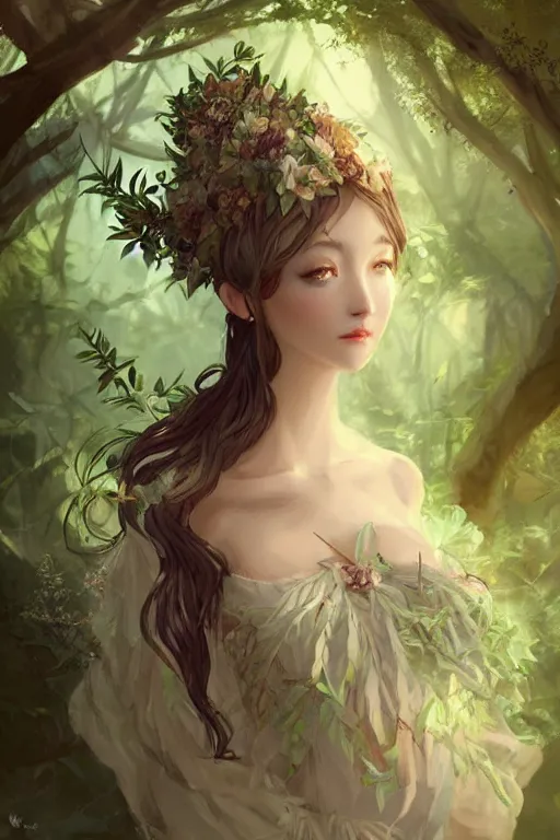 Prompt: cassava detailed art, character design, a thousand - year - old dryad in gorgeous dress, charming, sweet, by wlop