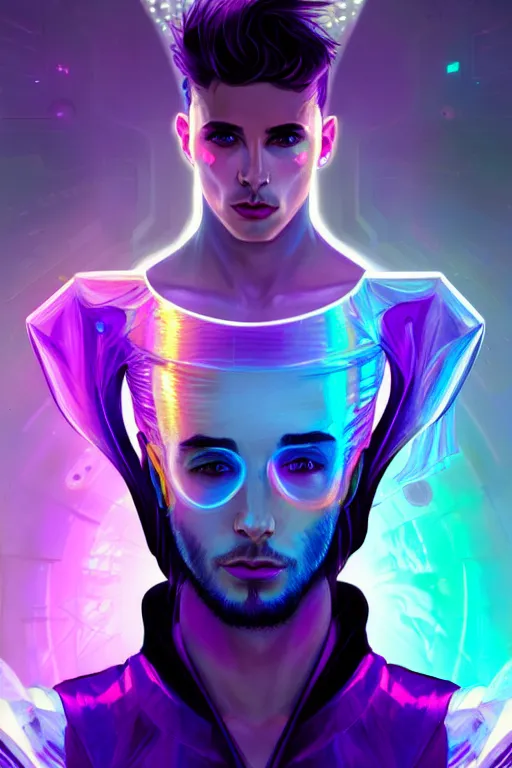 Prompt: portrait of a beautiful young fit cyberpunk man, rainbow futuristic hairs, digital tatoos, holographic clothes, psichedelic, by greg rutkowski and alphonse mucha, d & d character, gradient purple to silver, in front of a futuristic background, highly detailed portrait, digital painting, artstation, concept art, smooth, sharp focus ilustration, artstation hq