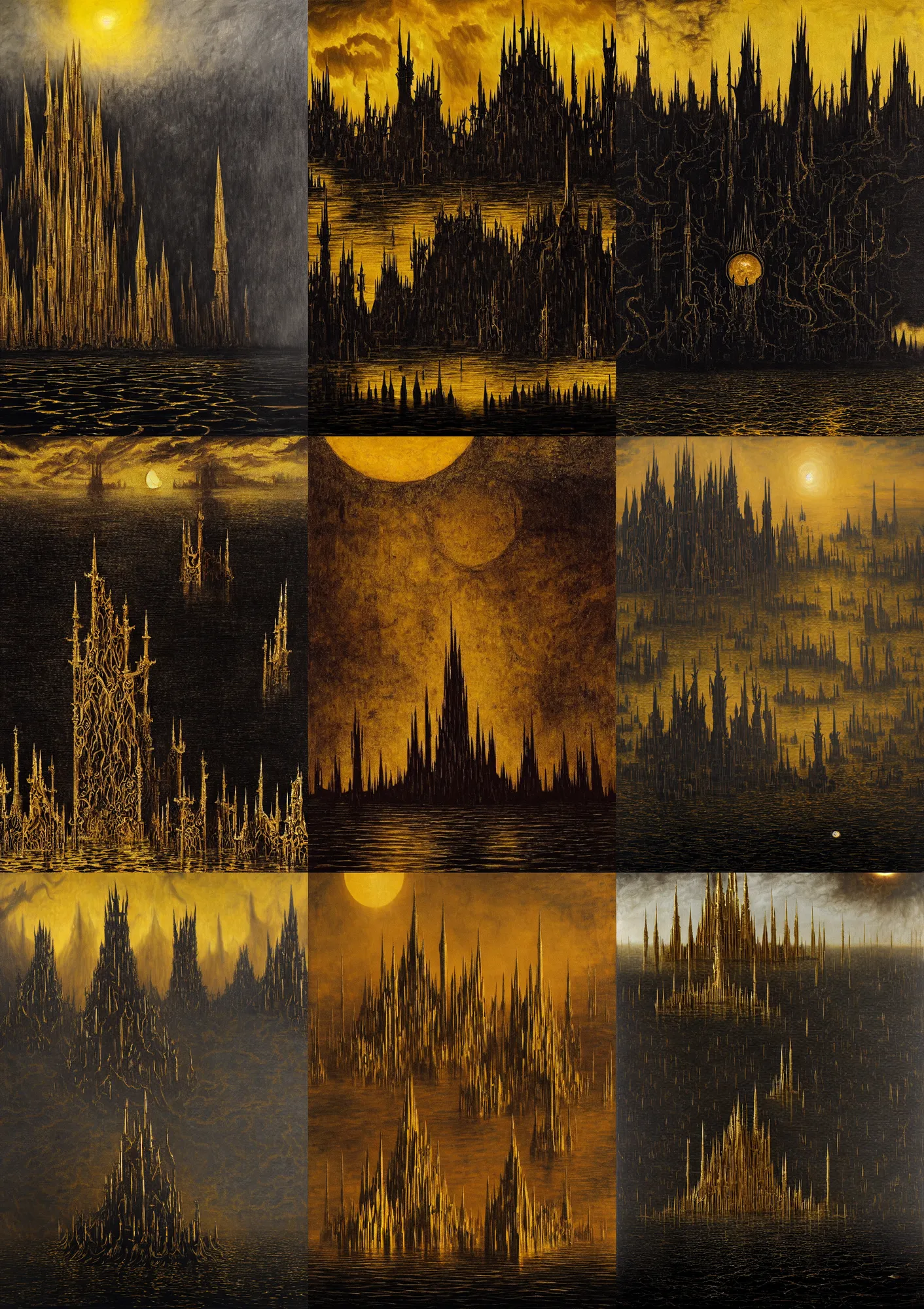 Prompt: the golden spires of the carcosa palace are illuminated by huge black sun, and the lake is reflecting yhtill's remnants curled gunsmoke. gothic, 8 k, oil on canvas, hyperdetailed