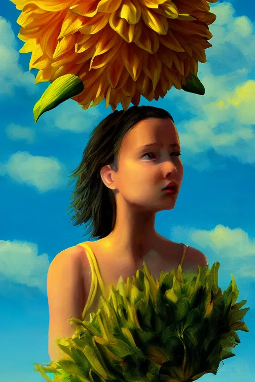 Image similar to closeup girl with huge yellow dahlia flower head, on beach, surreal photography, blue sky, sunrise, dramatic light, impressionist painting, digital painting, artstation, simon stalenhag