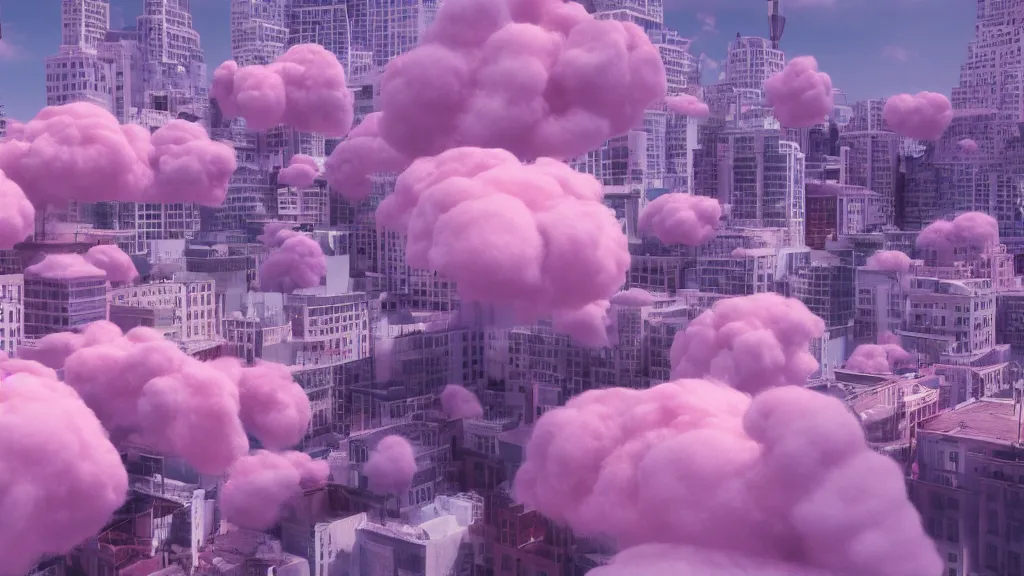 Image similar to a city made of cotton candy, octane render, 8 k, photorealistic