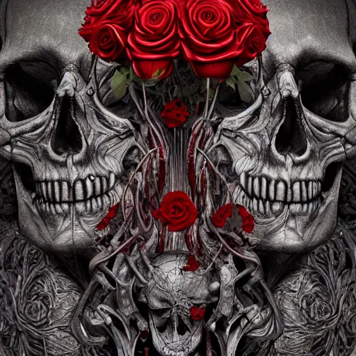 Image similar to skull made of red roses, organic horror, devil, death, giger, epic, baroque, art nouveau, james jean, photorealistic render, 3 ds max + v - ray, extremely detailed and intricate, center composition, elegant, vfx, unreal engine 5, octane render, extremely contrast, extremely sharp lines