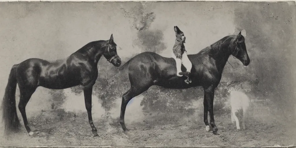 Prompt: a cat sitting on a horse, strange, black and white, photograph, 1850s