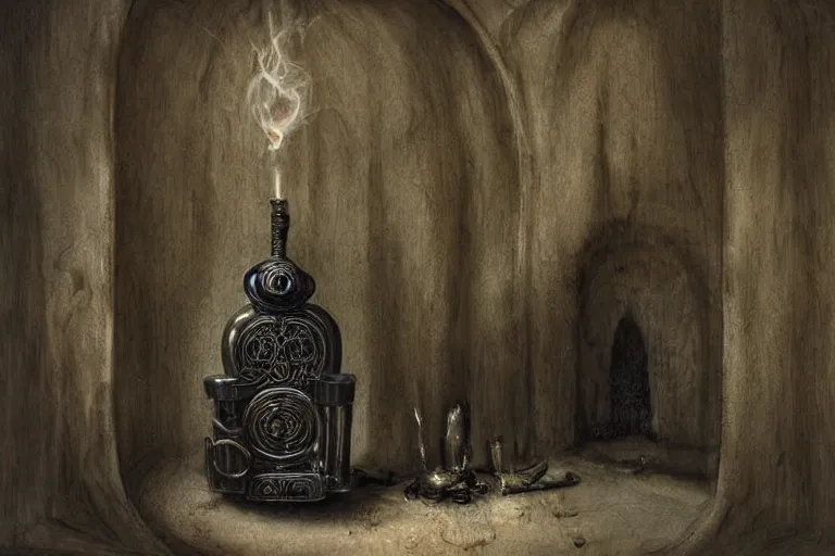 Prompt: still life of a cursed carved wooden baroque demonic oud with ebony, a wisp of smoke rises from its strings, designed by brian froud and hr giger leans against the wall alone, abandoned. an empty brutalist chamber, lonely, somber, a thin wisp of smoke rises from the lute. late afternoon lighting cinematic fantasy painting by jessica rossier