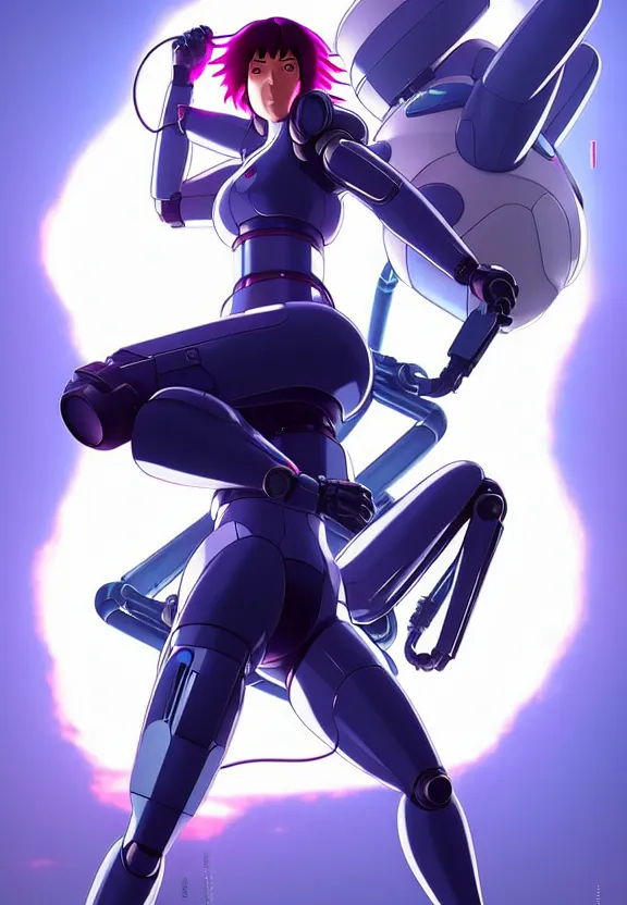 Image similar to a fullbody pose of motoko kusanagi riding a tachikoma, ghost in the shell : : connected to cables, under repairs, maintenance area, technicians : : by ilya kuvshinov, rossdraws, artgerm, sola digital arts, anti aliasing, raytracing : :