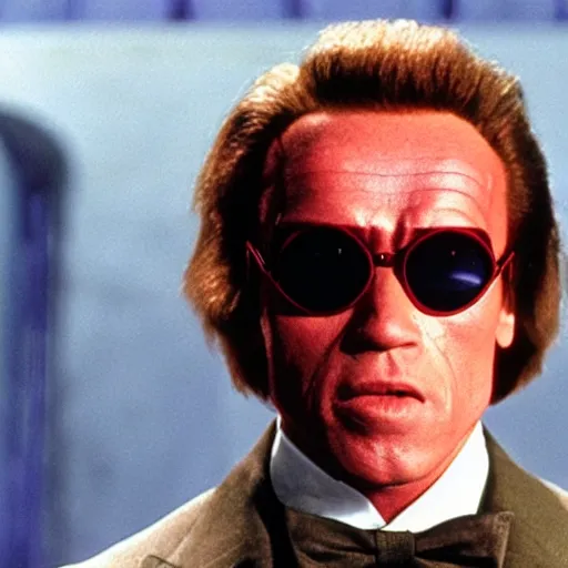 Image similar to arnold schwarzenegger starring as willy wonka, movie still