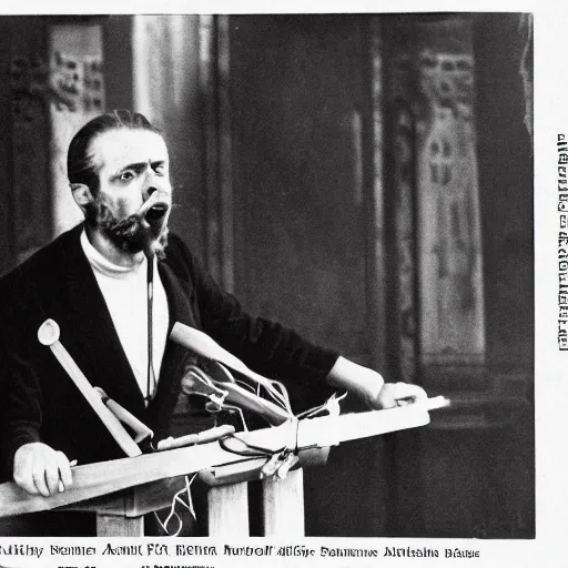 Prompt: Long shot of an angry austrian short man who failed art school with a toothbrush moustache giving a speech, black and white press photo