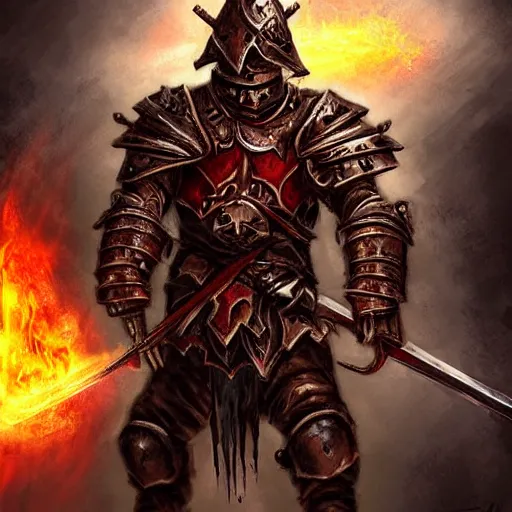 Image similar to chaos warrior with heavy armor and sword, heavy knight helmet, dark sword in hand, war theme, bloodbath battlefield, fiery battle coloring, hearthstone art style, epic fantasy style art, fantasy epic digital art, epic fantasy card game art