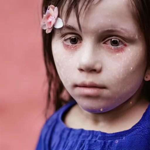 Image similar to a little blue girl with messy black hair she has sharp pointed ears freckles along the ridges of her cheeks, high resolution film still, 4k, HDR colors