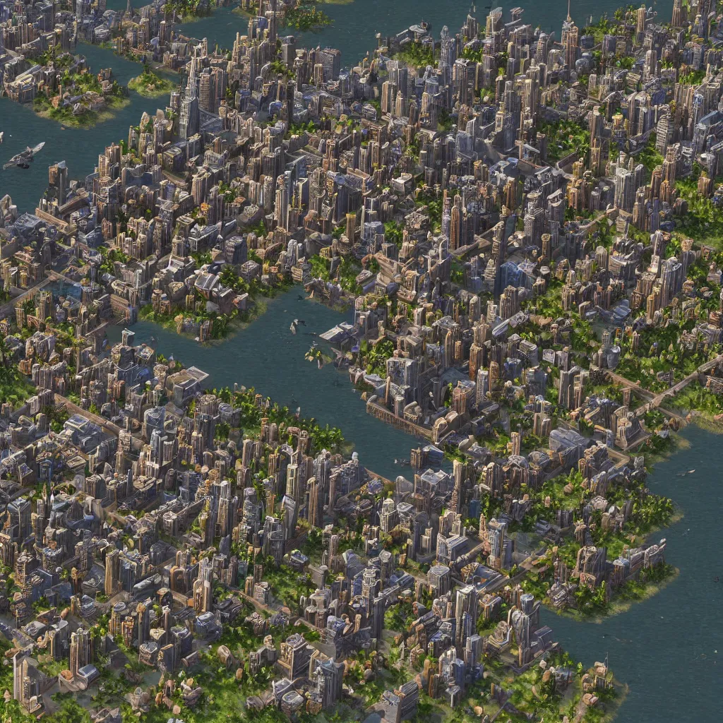 Image similar to A map of a modern day city in Civilization 5, video game, highly detailed, intricate, 8k render, by Greg Rutkowski