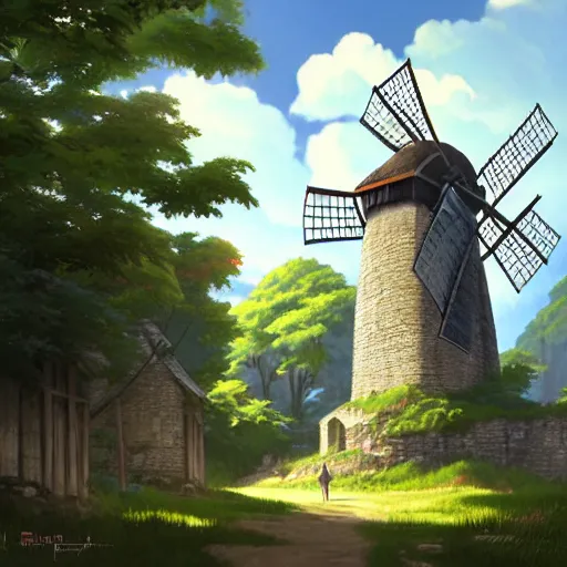 Image similar to concept art painting of a historic windmill with european and japanese architecture, in a small medieval village surrounded by trees, in a mountain valley, realistic, detailed, cel shaded, in the style of makoto shinkai and greg rutkowski and james gurney