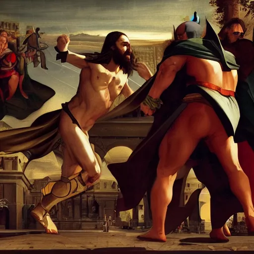 Image similar to jesus fighting batman renaissance art by greg rutkowski and james gurney action cinematic wallpaper hyperrealistic atmospheric