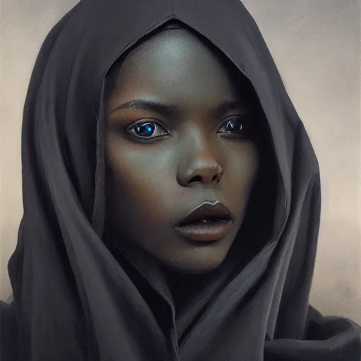 Image similar to a portrait of a young black woman wearing a long dark cloak, hood and shadows covering face, anatomically correct, beautiful perfect face, enigmatic, oil painting, matte painting, black background, Volumetric dynamic lighting, Highly Detailed, Cinematic Lighting, Unreal Engine, 8k, HD, by Beksinski