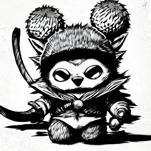 Image similar to Teemo (league of legends, 2009), artwork by kentaro miura, Kentaro Miura style, Berserk Style, High details, cinematic composition, manga, black and white ink style, a lot of details with ink shadows