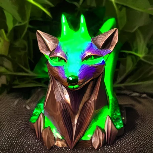 Image similar to Emerald Fox sculpture with glowing purple eyes