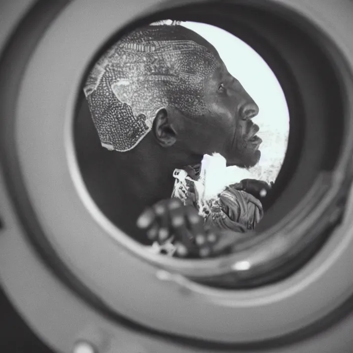 Prompt: analogue photo of an African tribal man in a spaceship looking at planet earth through its porthole window, photo shot by martha cooper, 35mm,