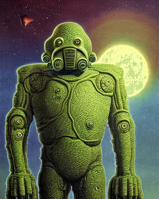 Image similar to portrait giant green humanoid with his fist up, brown armor, background ancient alien landscape, low angle, close up, concept art, intricate details, highly detailed, vintage sci - fi poster, retro future, vintage sci - fi art, in the style of chris foss, rodger dean, moebius, michael whelan, and gustave dore