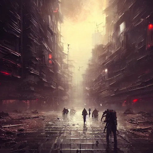 Prompt: tokyo in a post apocalyptic earth as seen by greg rutkowski, dark theme, enchanted, warm colors, high quality, waw, trending on artstation