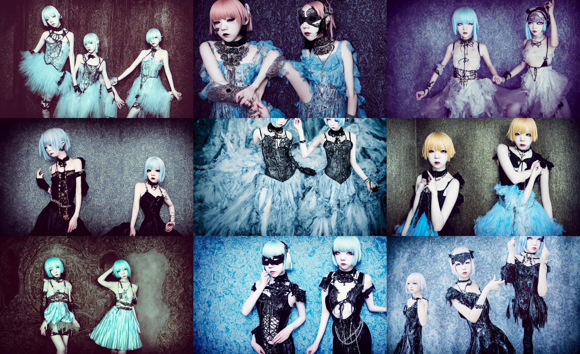 Prompt: lomography, full body portrait photo of young women like reol in a vast ballroom interior dancing at a masquerade party, wearing an ornate gothic dress and choker, moody, realistic, dark, skin tinted a warm tone, light blue filter, hdr, rounded eyes, detailed facial features