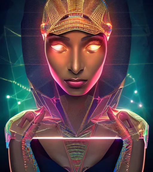 Image similar to symmetry!! egyptian princess of technology, solid cube of light, hard edges, product render retro - futuristic poster scifi, lasers and neon circuits, beautiful brown skin woman egyptian princess, intricate, elegant, highly detailed, digital painting, artstation, concept art, smooth, sharp focus, illustration, dreamlike, art by artgerm