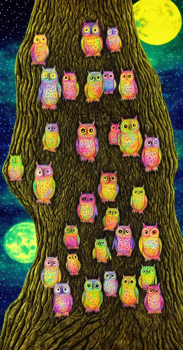 Image similar to realistic photo of too many small psychedelic owls sitting on big tree at night, very sharp focus, dark background, very hyper realistic, highly detailed, fantasy art station