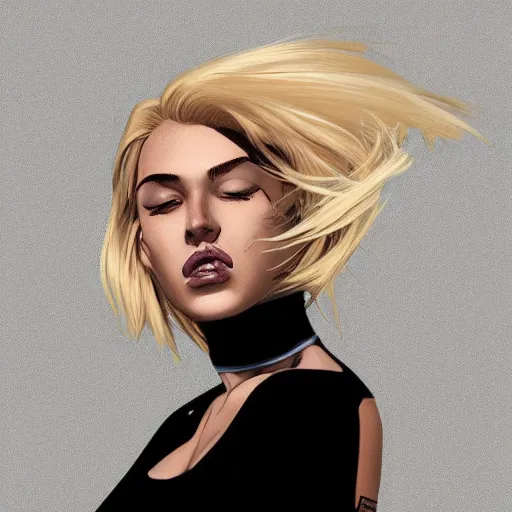 Image similar to a stunning upper body portrait of a beautiful woman with bleach blonde hair blowing in the wind by marvel comics, digital art, trending on artstation