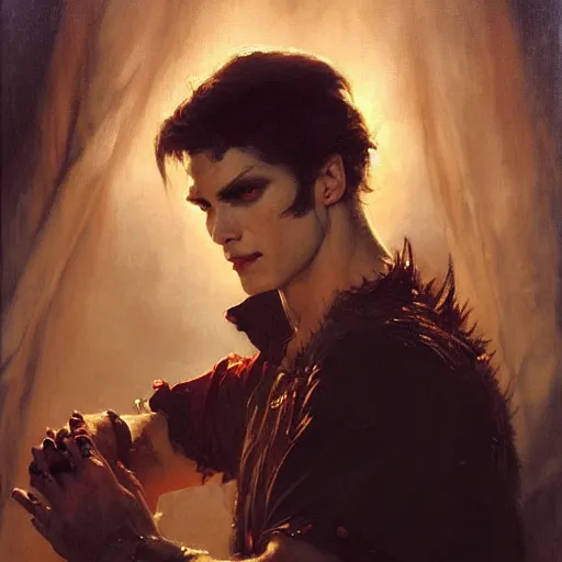 Image similar to attractive twenty first century male vampire beautiful eyes. highly detailed painting by gaston bussiere, craig mullins, j. c. leyendecker 8 k