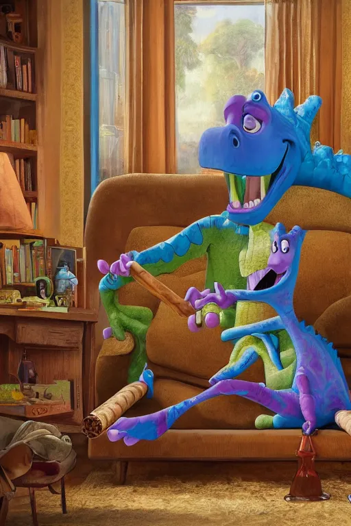 Prompt: still from kids tv show, retired barney the dinosaur, sitting in a lounge, sipping whiskey and smoking a cigar, oil on canvas, intricate, portrait, 8 k highly professionally detailed, hdr, cgsociety