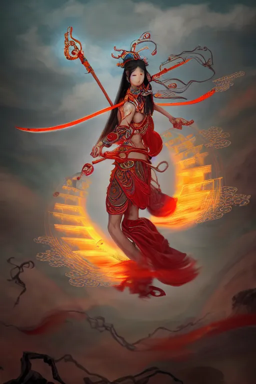 Image similar to nezha flies around swiftly on his wind flame circles in ruin chinese city, masterpiece, chinese mythology, top view, cinematic, fantasy character portrait, highly detailed, by new gods : nezha reborn, nezha : birth of the demon child, ne zha from smite, trending on artstation, concept art, flame everywhere,