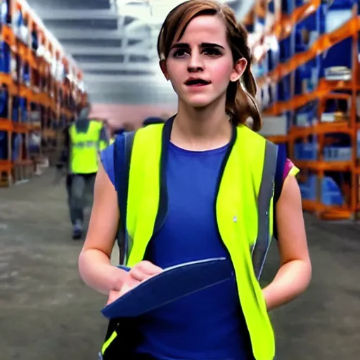 Image similar to photo, close up, emma watson in a hi vis vest, in warehouse, concerned expression, android cameraphone, snapchat story screenshot, 2 6 mm,