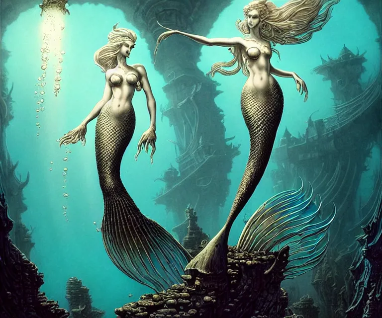 Image similar to a graceful beautiful mermaid looking at the sunken city of Atlantis deep under water, stunning undersea intricate detailed grand architecture in the style of Joe Fenton, art style by Greg Rutkowski and Mohrbacher and Gerald Brom and H. R. Giger, deep underwater scene, dark and moody, rays of sunlight, faint volumetric god rays, grim crushing atmosphere, trending on artstation, masterpiece, claustrophobic, dizzy, sharp focus, 8k octane beautifully detailed render, post-processing, extremely hyperdetailed, intricate, epic composition, grim yet sparkling atmosphere, cinematic lighting + masterpiece, trending on artstation, very detailed, Art Nouveau