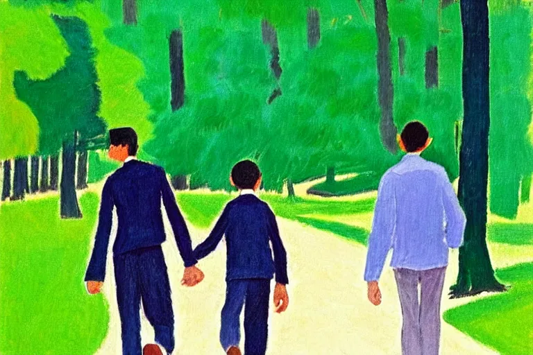 Image similar to a very tall man named John with dark hair holding the hands of a short young boy named Alex with dark hair as they walk in a park on a bright beautiful colorful day. part in the style of an edgar degas painting. part in the style of david hockney