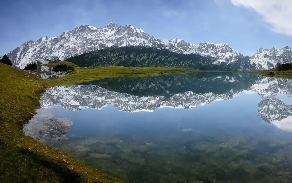 Image similar to the alps and reflection in a lake in the style of georgia o keefe