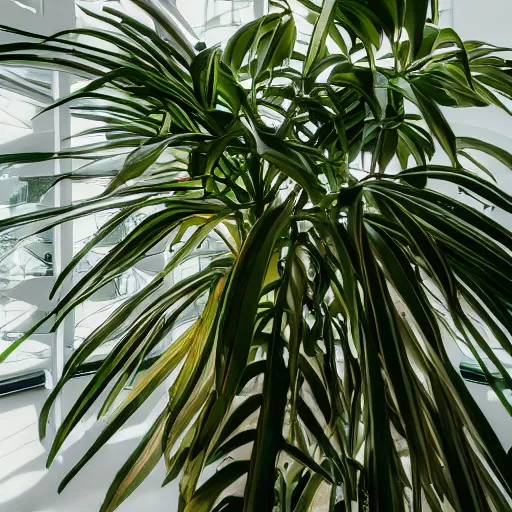 Image similar to an ultra high definition professional studio quality photograph of a transparent iridescent perspex pastel coloured ( ( ( ( jungle leaves on a plant ) ) ) ) in an empty white room. dramatic lighting, ray tracing, refraction, shallow d. o. f, colour corrected, golden ratio, three point light. volumetric shadows. god rays.