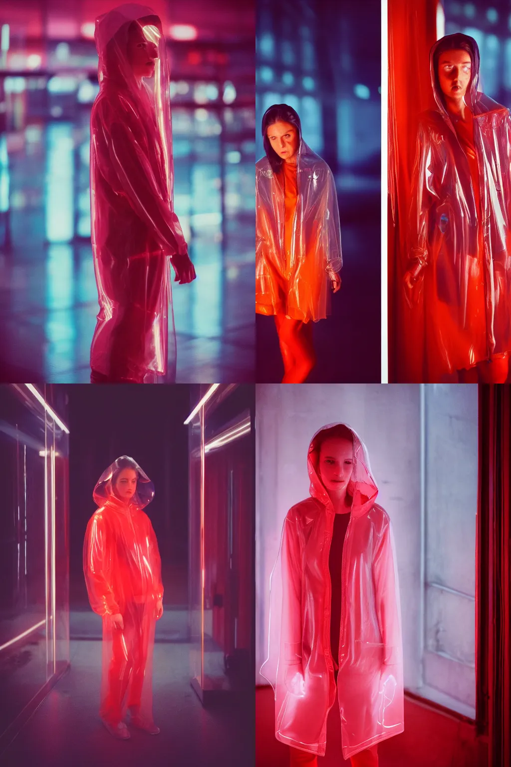 Image similar to A realistic and detailed portrait photography of a woman wearing a futuristic transparent raincoat with hoodie. by Annie Leibovitz. Neo noir style. Cinematic. Red neon lights and glow in the background. Cinestill 800T film. Lens flare. Helios 44m. Ultra detail. Photoreal. Depth of field.