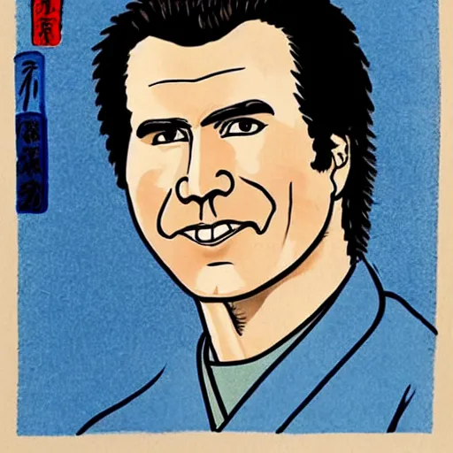 Image similar to portrait of will ferrell in the style of hokusai ukiyo - e woodblock print