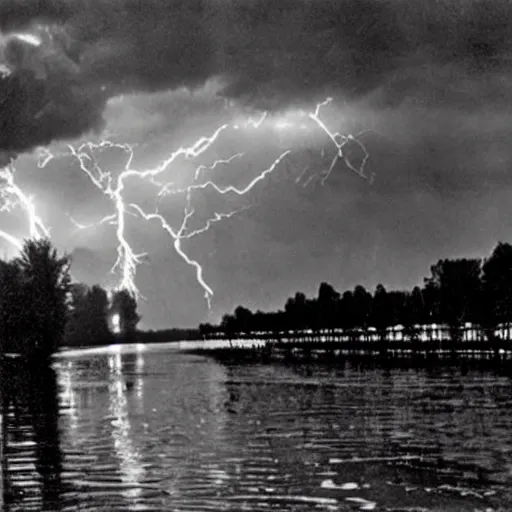 Image similar to river of lightning, twilight, full moon, william wyler, howard hawks