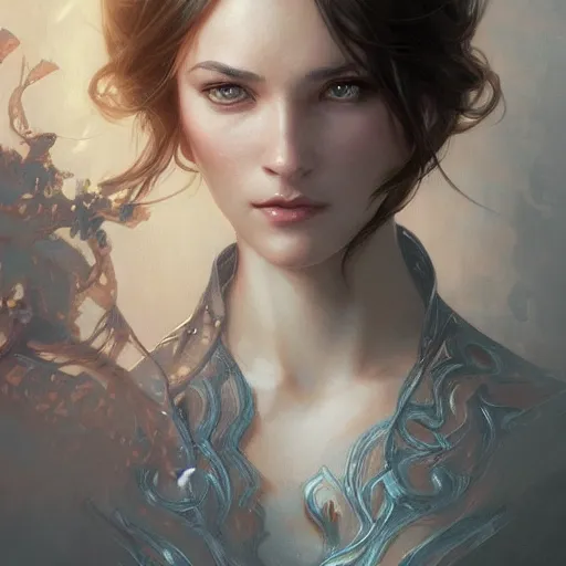 Image similar to portrait of an Alyx Vance, D&D, fantasy, intricate, elegant, highly detailed, digital painting, artstation, concept art, smooth, sharp focus, illustration, art by artgerm and greg rutkowski and alphonse mucha