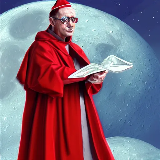 Image similar to a cardinal priest alone on the moon. artstation. digital art. high quality. painting. detailed clothes and background.