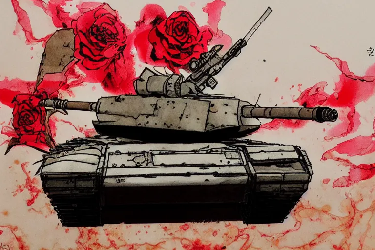 Prompt: Yoji Shinkawa's 'desert locale with real life M1 Abrams Tank and red rose in the barrel', ink and colours on silk, trending on pixiv, action shot, closeup, monochrome, watercolour, high saturation