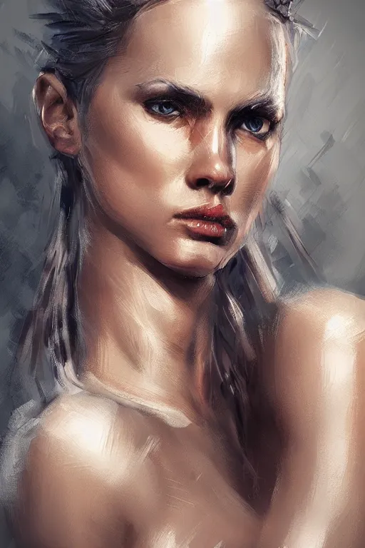 Image similar to head and legs portrait of a barbarian female, ultra sharp, very detailed, high quality focus by wlop