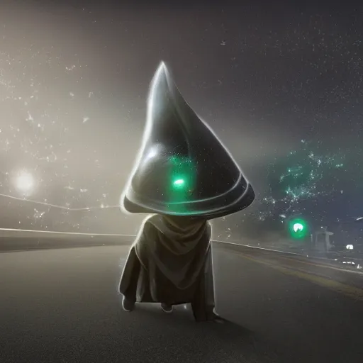 Image similar to cgi hyperintelligent ethereal manta ray alien from beyond the stars in the middle of a busy road, wearing an odd hooded cowl, with fairy lights inside the fabric like shimmering stars, cgi, proper anatomy, sci fi fantasy, ultrarealism, pixar, trending on artstation