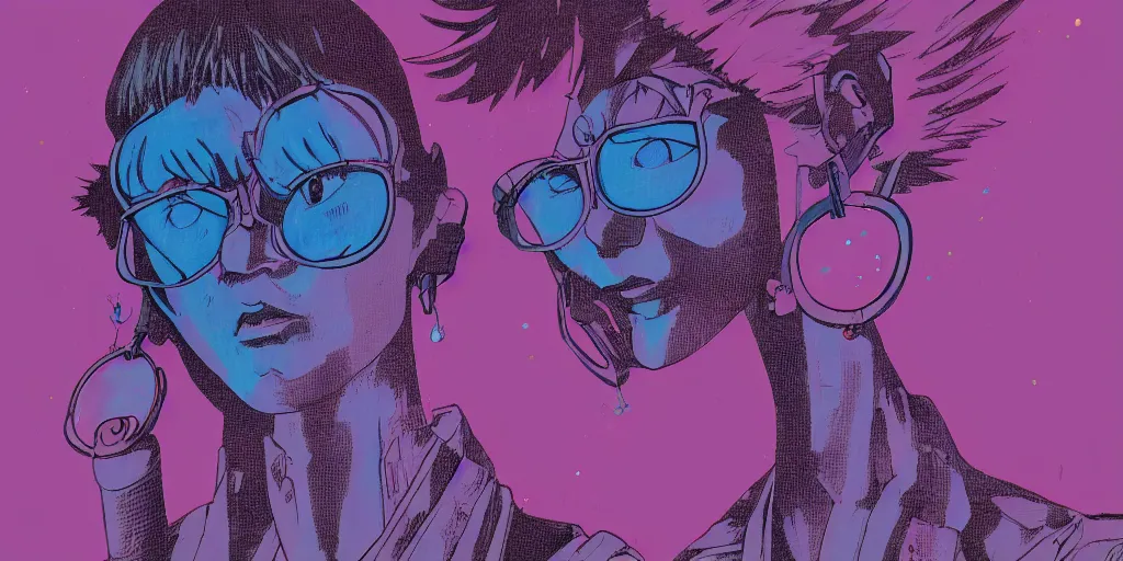 Prompt: risograph grainy painting of gigantic huge evangelion - like antagonist face, matte colors, with huge earrings and glasses with a lot of details and lasers, covered with plants, by moebius and dirk dzimirsky and satisho kon, blue hour, close - up wide portrait
