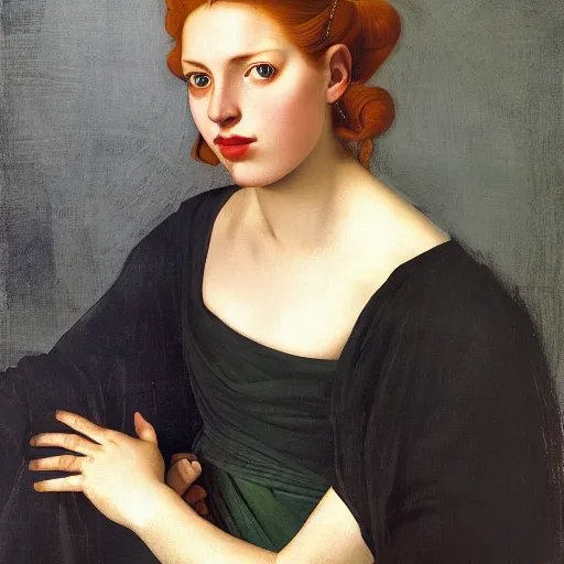 Prompt: a highly detailed portrait, red haired young woman, long hair, green eyes, hint of freckles, round gentle face, cheeky smile with red lips, among golden fireflies and nature by night, deep focus, smooth, sharp, golden ratio, elegant, digital painting by artemisia lomi gentileschi, caravaggio and artgerm
