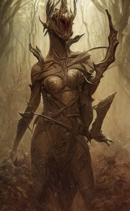 Image similar to portait of elven hunter hunting forest monster, symmetrical face features, front game card, drark, marvel comics, dark, intricate, highly detailed, smooth, artstation, digital illustration by ruan jia and mandy jurgens and artgerm and wayne barlowe and greg rutkowski and zdislav beksinski